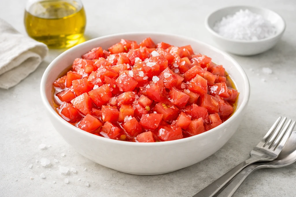 Tomate picado en bol blanco con aceite de oliva y sal en escamas, fotograf&iacute;a luminosa sobre fondo neutro
