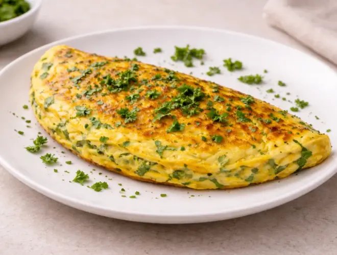 Tortilla a las finas hierbas esponjosa y dorada en plato blanco, con perejil y cebollino frescos, fotograf&iacute;a luminosa estilo gourmet.
