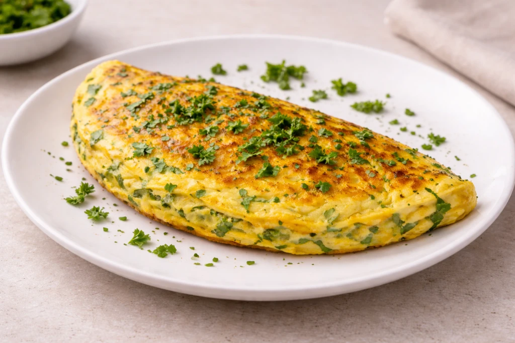 Tortilla a las finas hierbas esponjosa y dorada en plato blanco, con perejil y cebollino frescos, fotograf&iacute;a luminosa estilo gourmet.