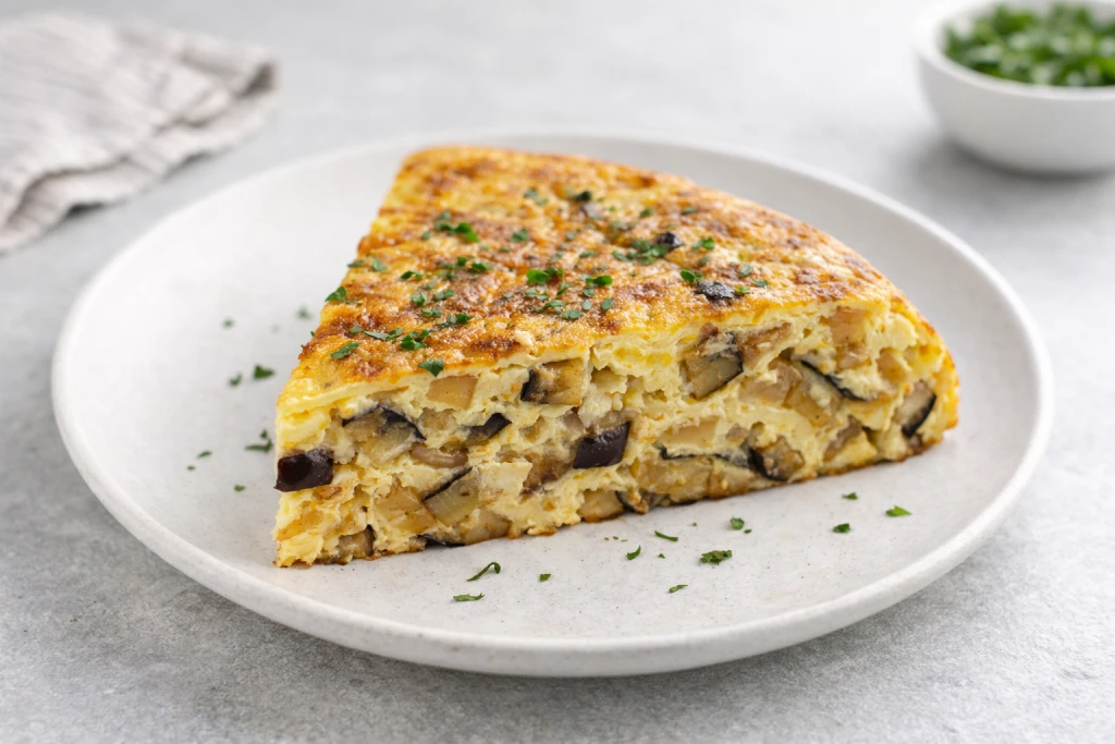 Tortilla de berenjenas jugosa con dados de berenjena y cebolla, servida en plato blanco con luz natural y fondo neutro