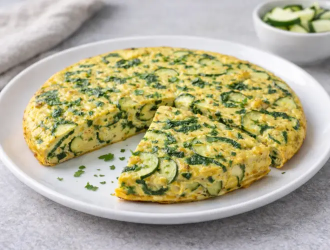 Tortilla de calabac&iacute;n jugosa y dorada, cortada en cu&ntilde;as, servida en plato blanco con luz natural y fondo neutro
