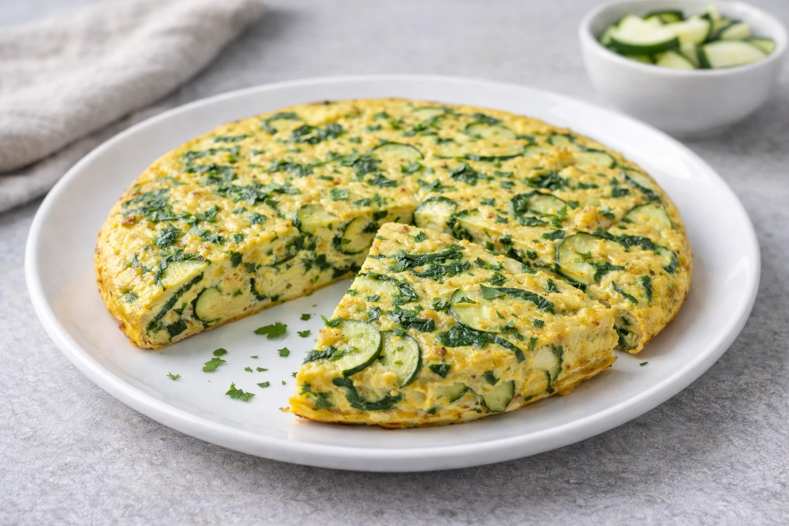 Tortilla de calabac&iacute;n jugosa y dorada, cortada en cu&ntilde;as, servida en plato blanco con luz natural y fondo neutro