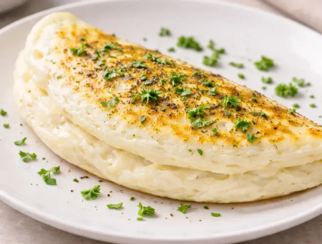 Tortilla de claras esponjosa y ligera en plato blanco, textura suave y dorado uniforme, fotograf&iacute;a luminosa estilo gourmet.