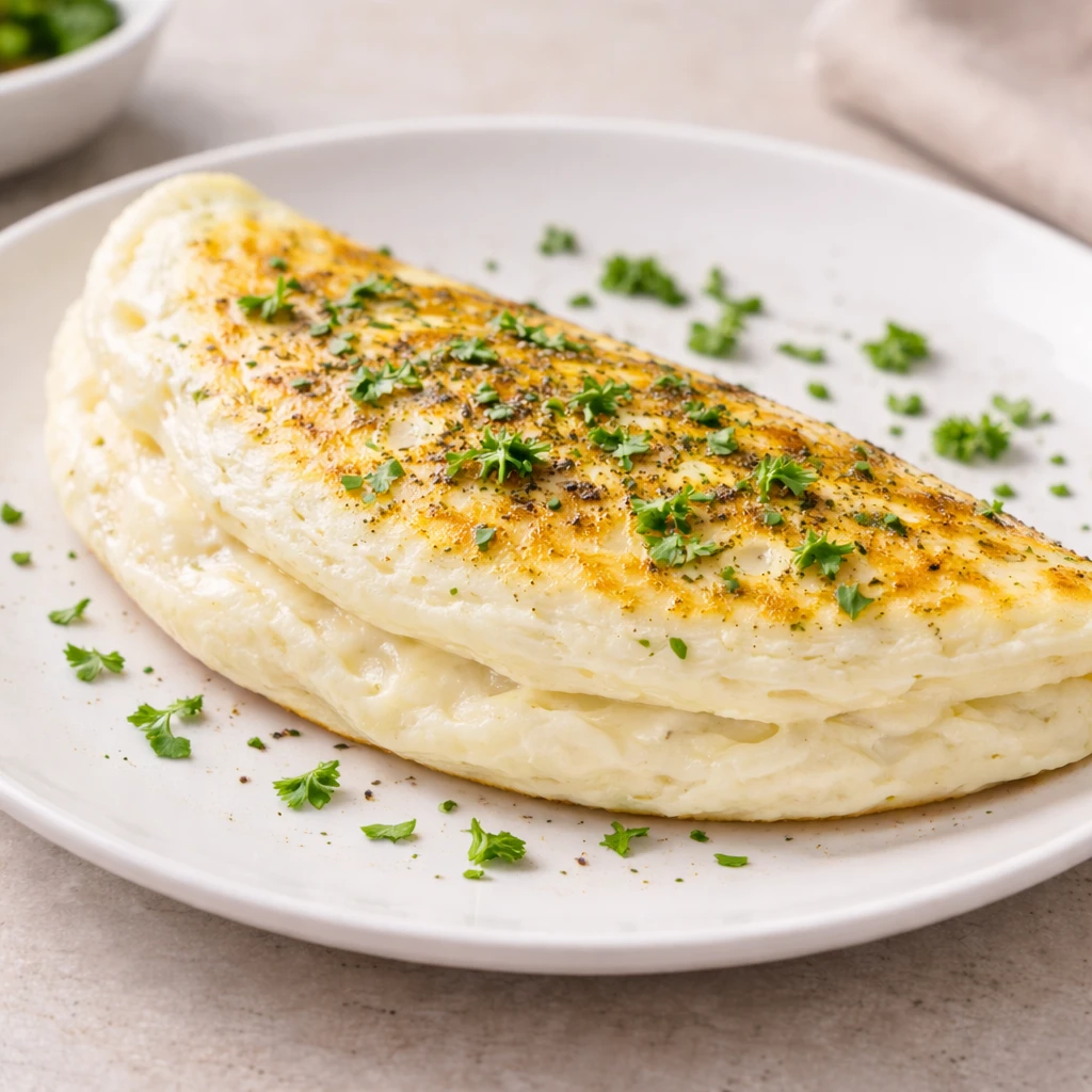 Tortilla de claras esponjosa y ligera en plato blanco, textura suave y dorado uniforme, fotograf&iacute;a luminosa estilo gourmet.