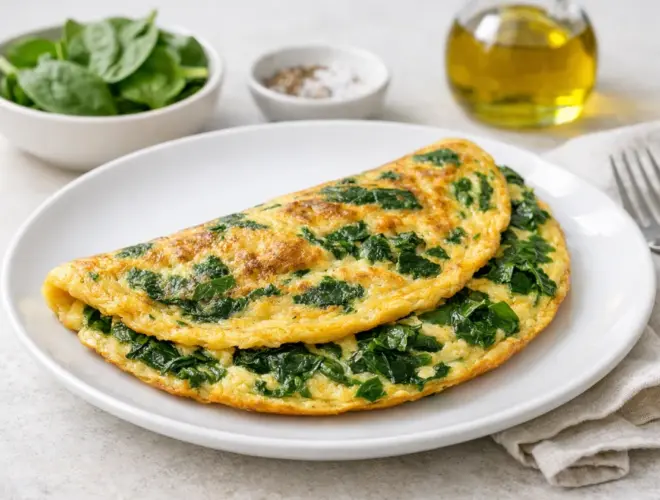 Tortilla de espinacas jugosa y dorada, cortada en cu&ntilde;as, servida en plato blanco con luz natural y fondo neutro