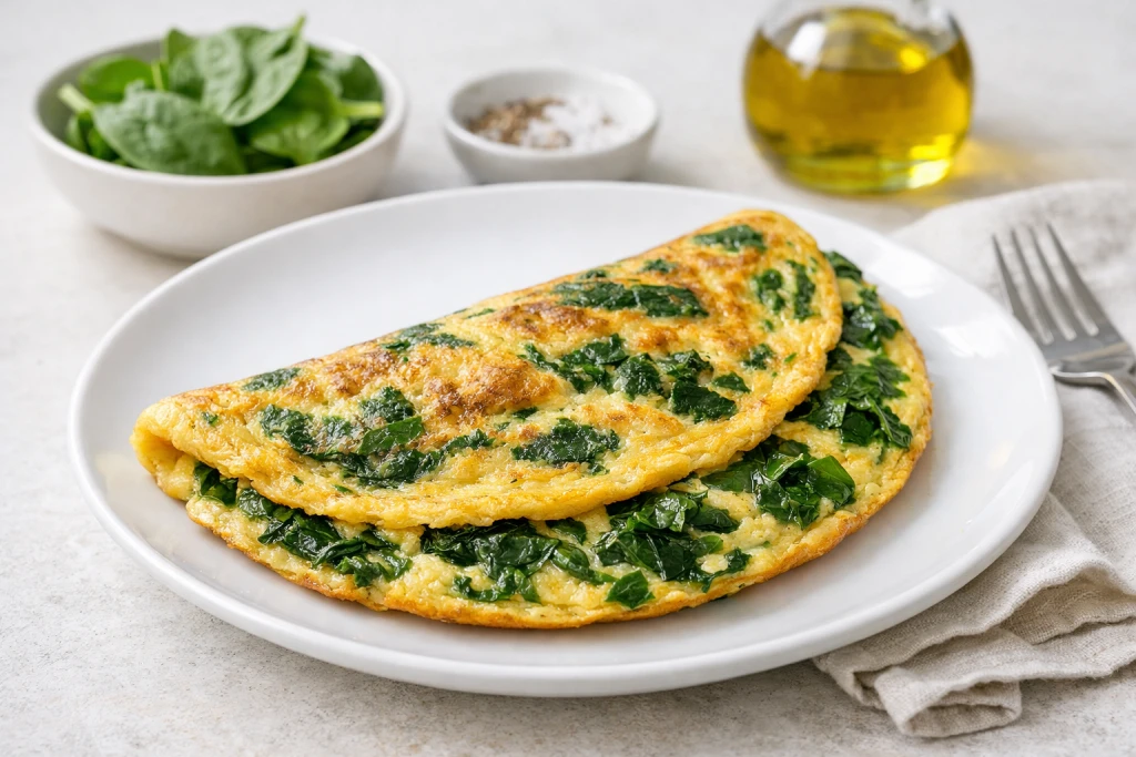 Tortilla de espinacas jugosa y dorada, cortada en cu&ntilde;as, servida en plato blanco con luz natural y fondo neutro