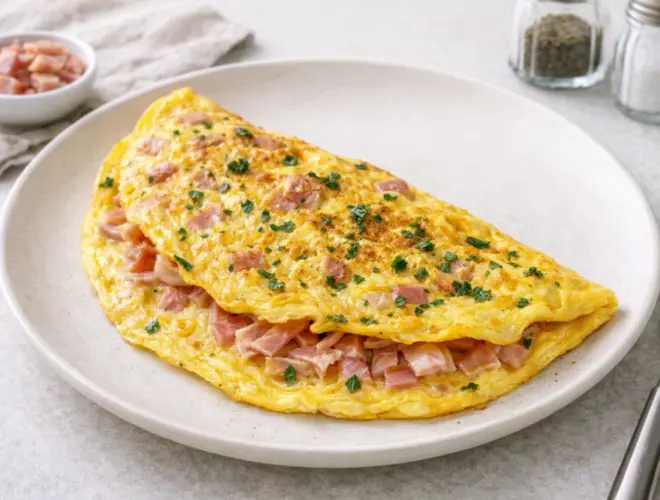 Tortilla de york jugosa y dorada, rellena de jam&oacute;n cocido, servida en plato blanco con luz natural
