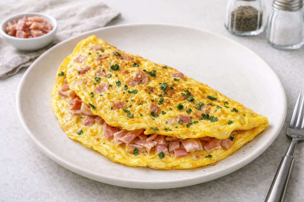 Tortilla de york jugosa y dorada, rellena de jam&oacute;n cocido, servida en plato blanco con luz natural