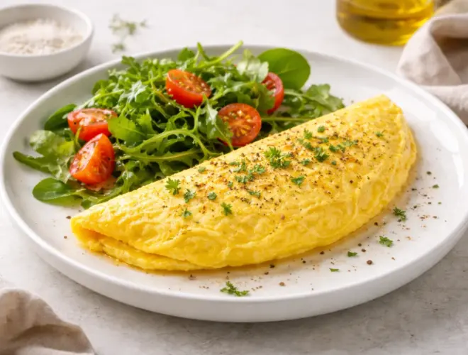 hTortilla francesa dorada y ligeramente doblada en plato blanco, con luz natural y fondo neutro, estilo gourmet