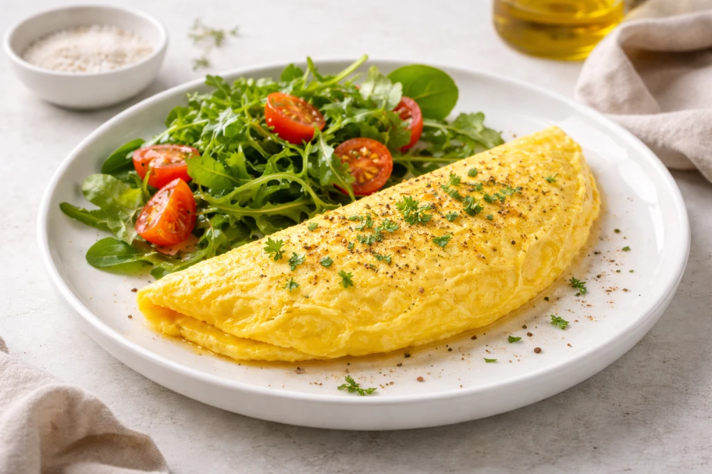 hTortilla francesa dorada y ligeramente doblada en plato blanco, con luz natural y fondo neutro, estilo gourmet