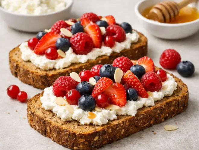 Tostada integral de pan de centeno con ricotta cremosa, frutos rojos y un hilo de miel en un plato claro
