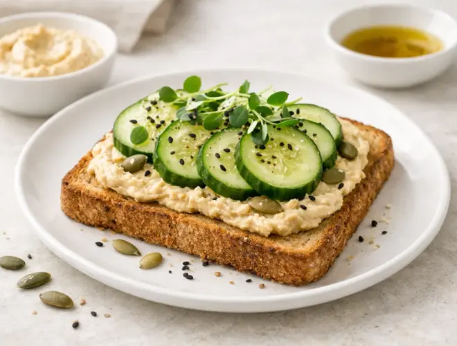 Tostada integral de centeno con hummus de pimiento del piquillo y pepino en rodajas, emplatada en estilo gourmet y fondo neutro.