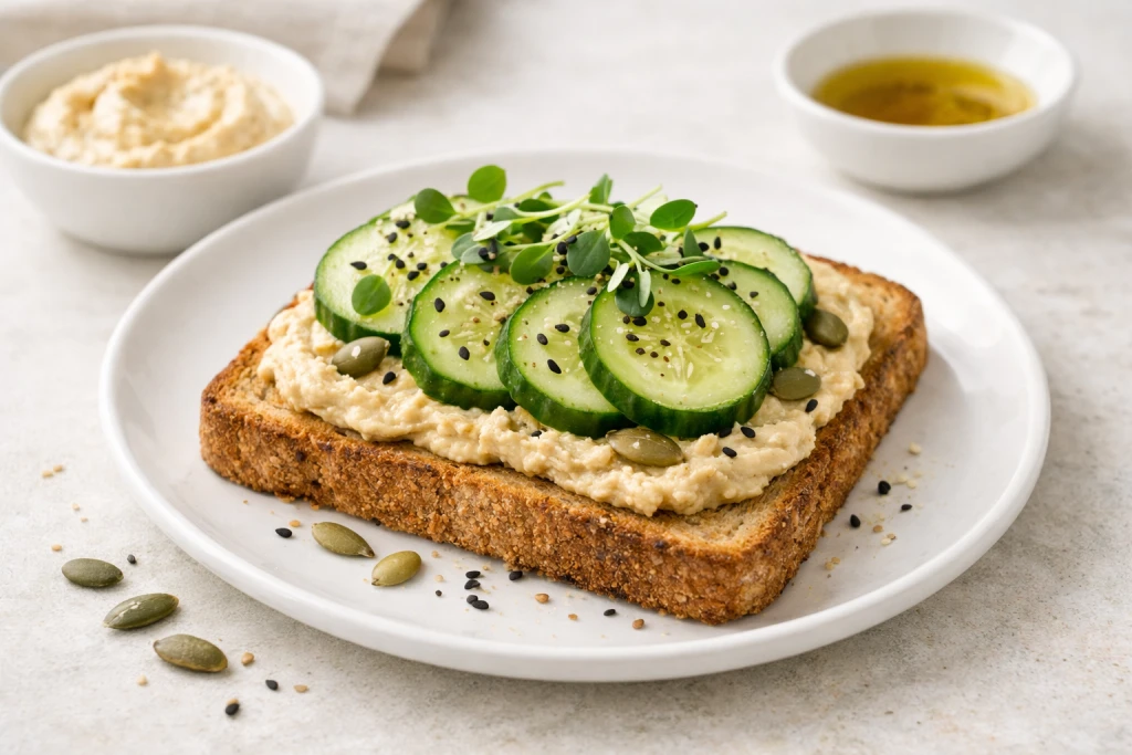 Tostada integral de centeno con hummus de pimiento del piquillo y pepino en rodajas, emplatada en estilo gourmet y fondo neutro.