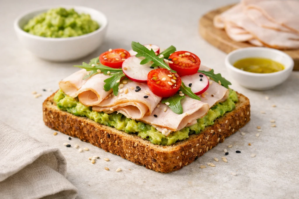 Tostada integral de centeno con aguacate y pechuga de pavo, servida reci&eacute;n hecha y con estilo gourmet.