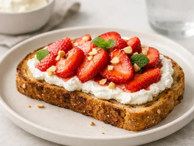 Tostada integral de centeno con queso fresco batido desnatado y fresas laminadas, servida en plato neutro con luz natural