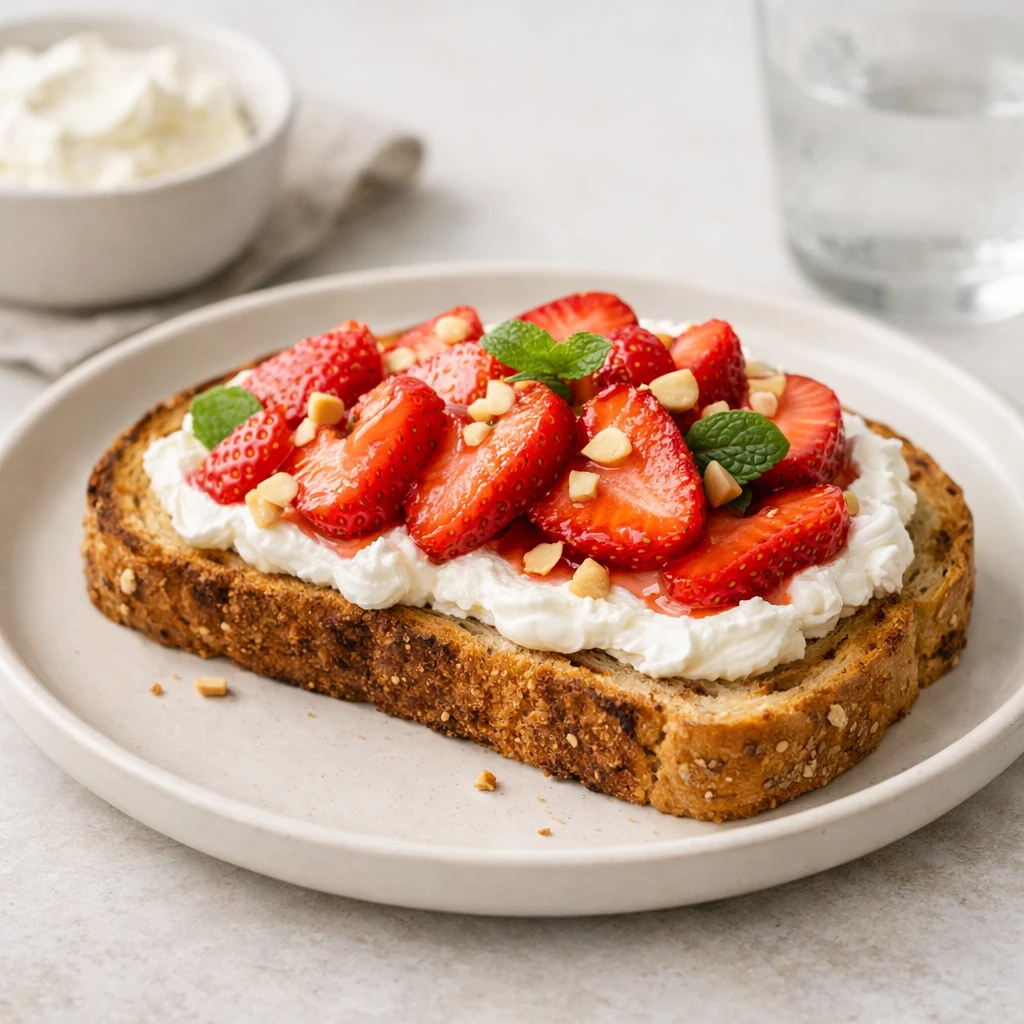 Tostada integral de centeno con queso fresco batido desnatado y fresas laminadas, servida en plato neutro con luz natural