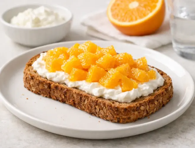 Tostada integral con queso fresco batido desnatado y naranja, servida en plato blanco con luz natural y estilo gourmet.