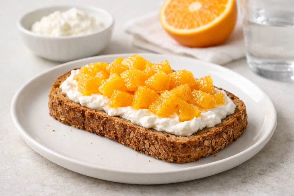 Tostada integral con queso fresco batido desnatado y naranja, servida en plato blanco con luz natural y estilo gourmet.