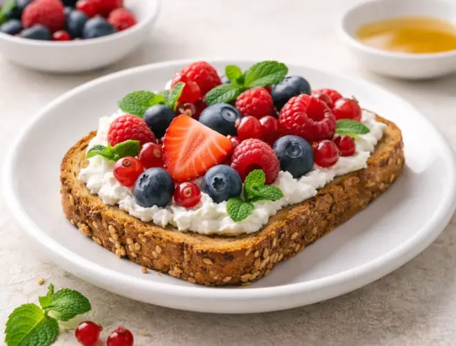 Tostada integral con queso ricotta y frutos rojos sobre plato blanco, foto luminosa estilo gourmet