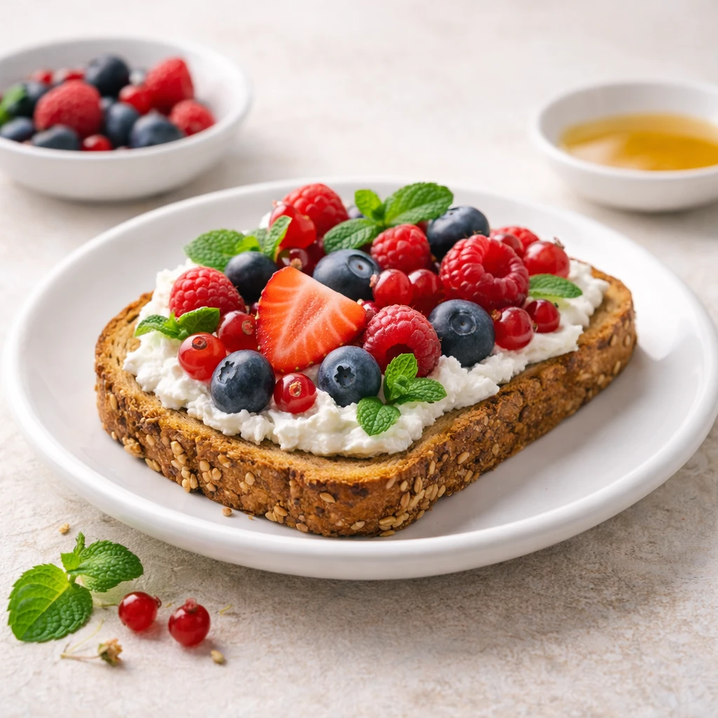 Tostada integral con queso ricotta y frutos rojos sobre plato blanco, foto luminosa estilo gourmet