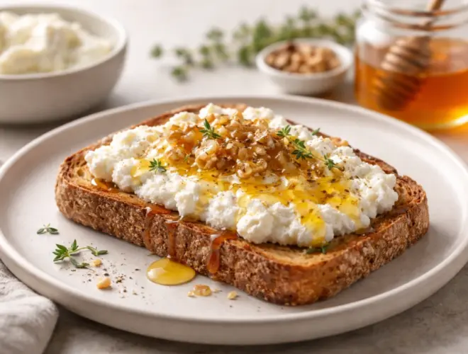 Tostada integral con queso ricotta y miel, servida en plato claro con luz natural