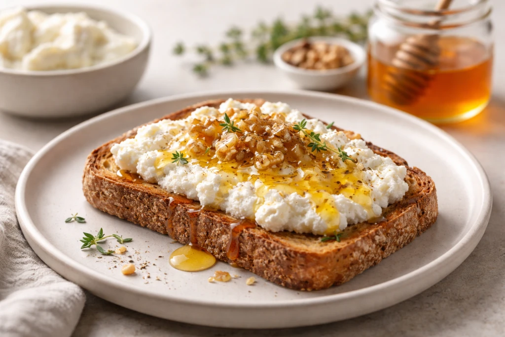 Tostada integral con queso ricotta y miel, servida en plato claro con luz natural