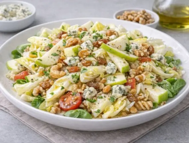 Ensalada de endivias y manzana con dados de manzana, piña, queso fresco de Burgos, fresas y nueces, aliñada con aceite de oliva y limón en un plato blanco.