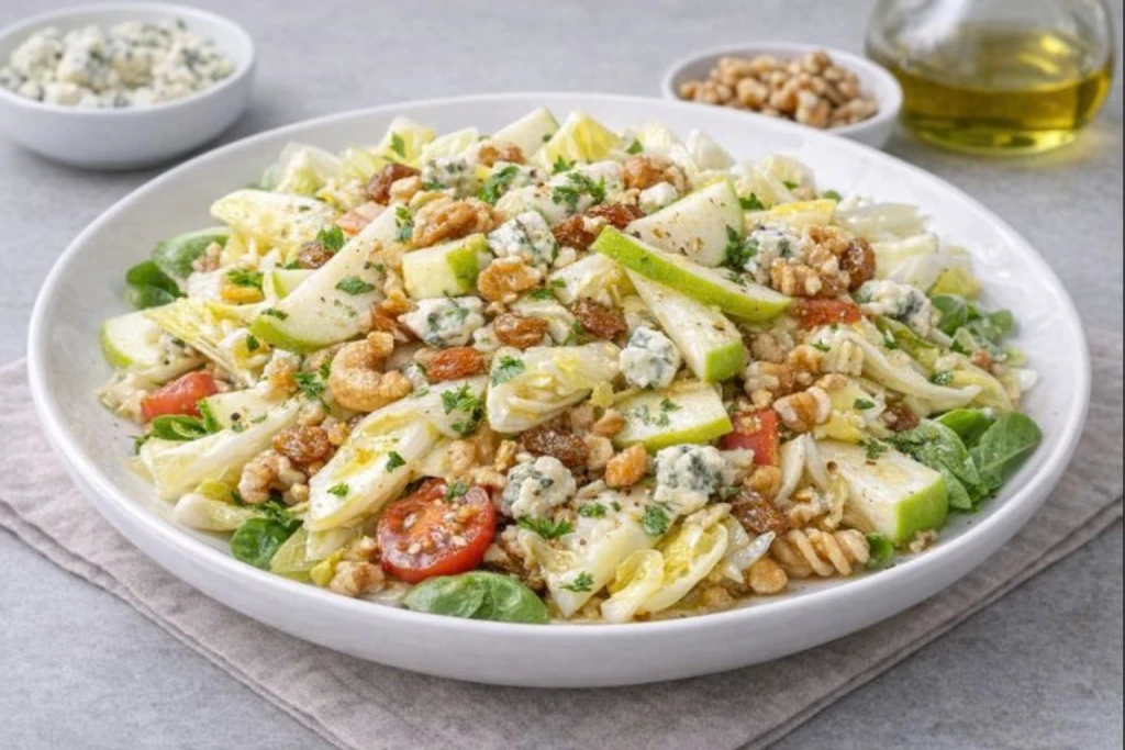 Ensalada de endivias y manzana con dados de manzana, pi&ntilde;a, queso fresco de Burgos, fresas y nueces, ali&ntilde;ada con aceite de oliva y lim&oacute;n en un plato blanco.