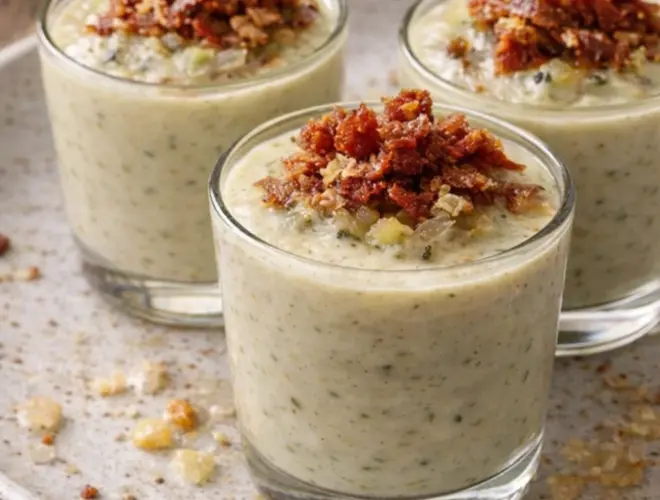 Vasitos de crema de puerro con aceite de trufa y crujiente de jam&oacute;n de pavo, entrante saludable para Nochebuena