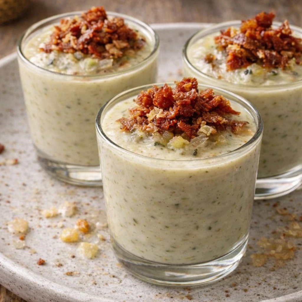 Vasitos de crema de puerro con aceite de trufa y crujiente de jam&oacute;n de pavo, entrante saludable para Nochebuena