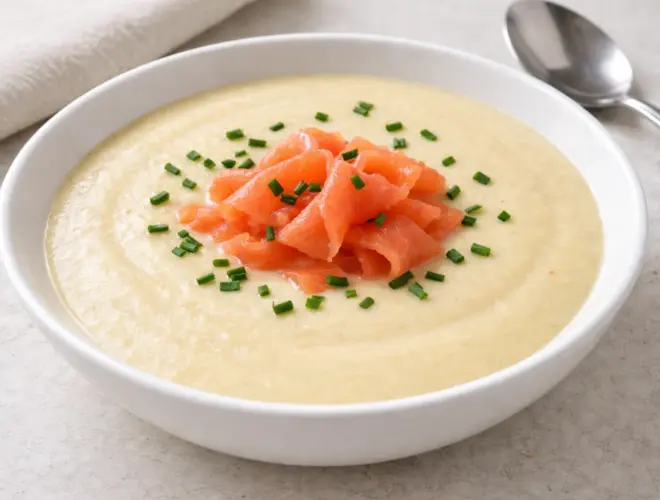 Vichissoyse con salm&oacute;n ahumado y cebollino en cuenco blanco, crema de puerros suave y luminosa