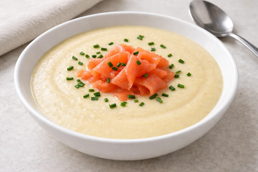 Vichissoyse con salm&oacute;n ahumado y cebollino en cuenco blanco, crema de puerros suave y luminosa