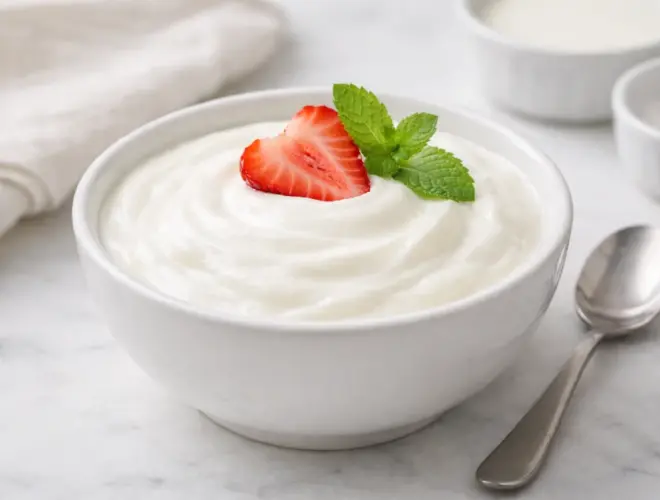 Yogur desnatado 0% cremoso en bol blanco, servido con textura suave en una escena luminosa y minimalista.