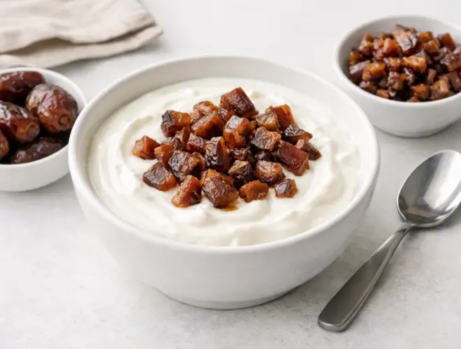 Yogur con d&aacute;til medjoul troceado en cuenco blanco, postre saludable y r&aacute;pido, con luz natural y fondo neutro.