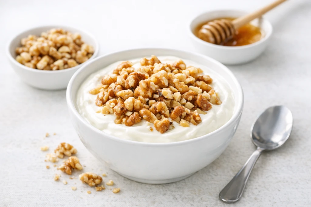 Yogur con nueces en cuenco blanco, cremoso y luminoso, con nueces troceadas por encima y fondo neutro.