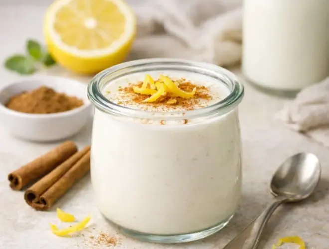 Yogur de leche merengada casero en vasito de cristal, cremoso y luminoso, con canela y toque c&iacute;trico