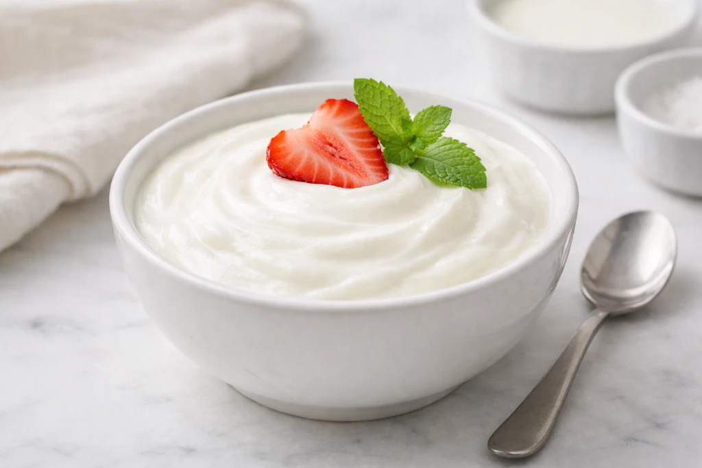 Yogur desnatado 0% cremoso en bol blanco, servido con textura suave en una escena luminosa y minimalista.