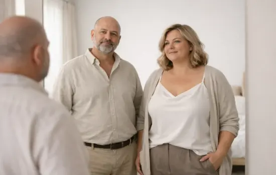 Dos personas adultas con cuerpos diversos mirándose al espejo con confianza en un entorno luminoso representando autoestima y aceptación corporal
