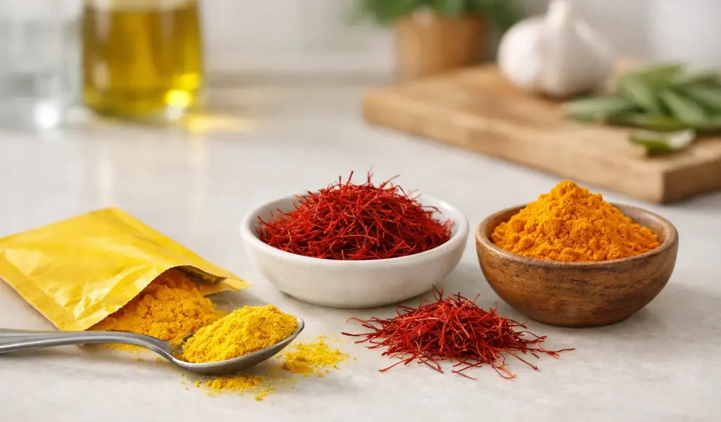 Falso azafr&aacute;n o colorante alimentario comparado con azafr&aacute;n natural y c&uacute;rcuma