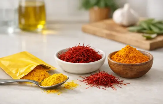 Falso azafrán o colorante alimentario comparado con azafrán natural y cúrcuma