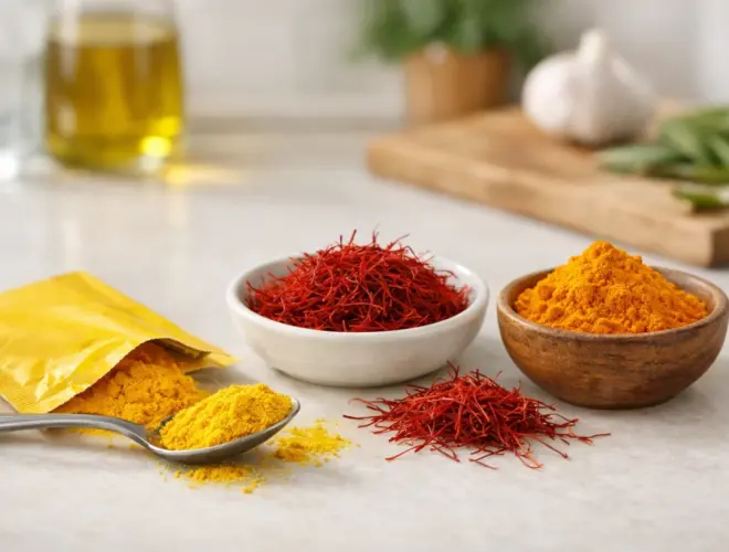 Falso azafr&aacute;n o colorante alimentario comparado con azafr&aacute;n natural y c&uacute;rcuma