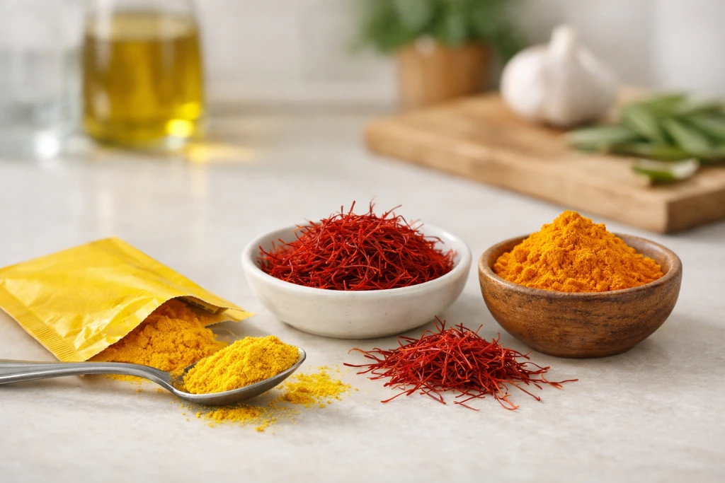Falso azafr&aacute;n o colorante alimentario comparado con azafr&aacute;n natural y c&uacute;rcuma