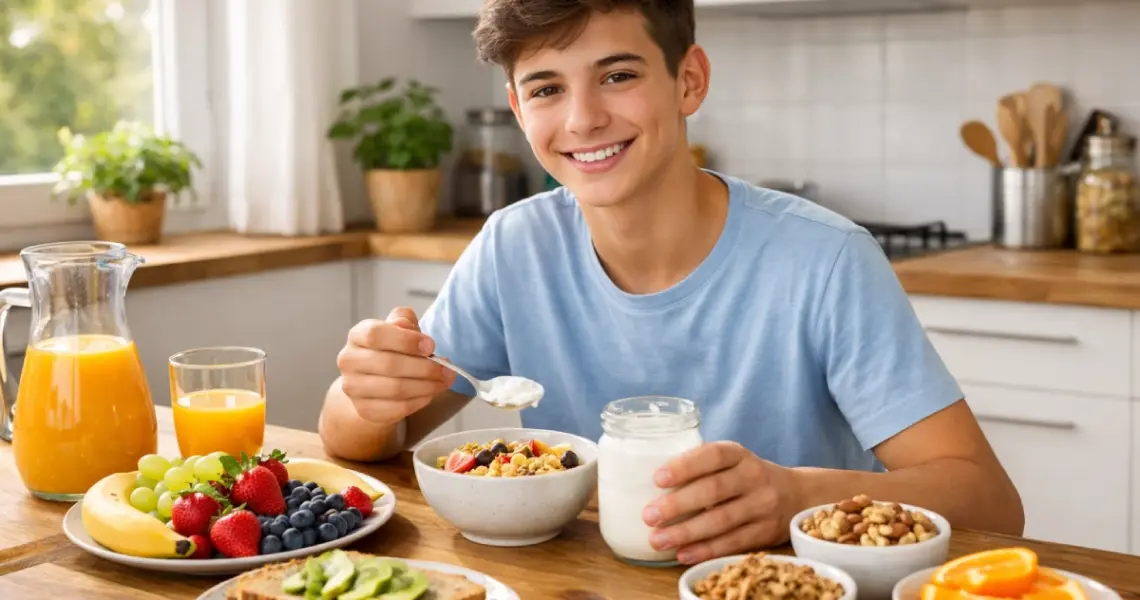 Adolescente preparando desayuno saludable para mejorar su alimentaci&oacute;n