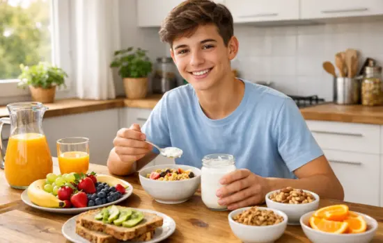 Adolescente preparando desayuno saludable para mejorar su alimentación