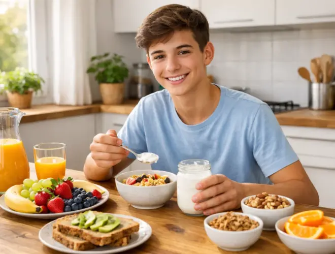 Adolescente preparando desayuno saludable para mejorar su alimentaci&oacute;n