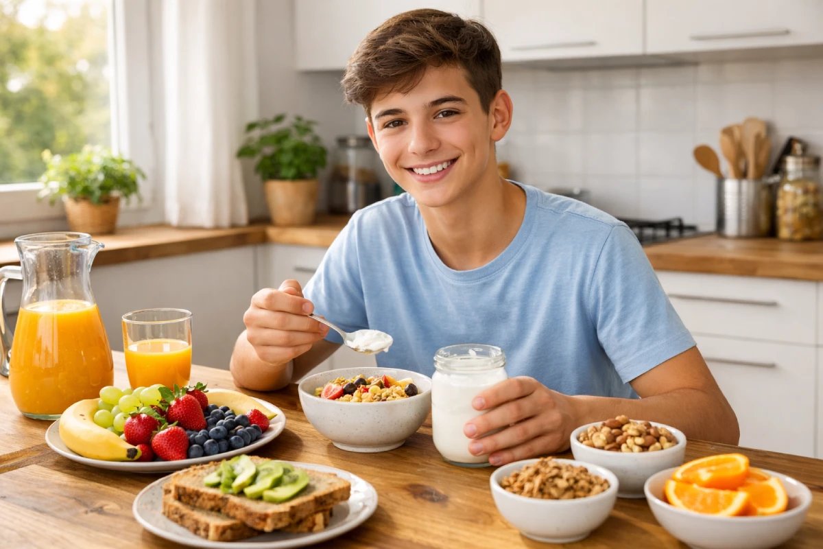 Adolescente preparando desayuno saludable para mejorar su alimentaci&oacute;n
