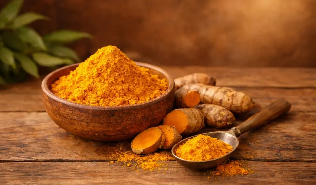 C&uacute;rcuma en polvo y ra&iacute;z fresca mostrando sus beneficios y propiedades