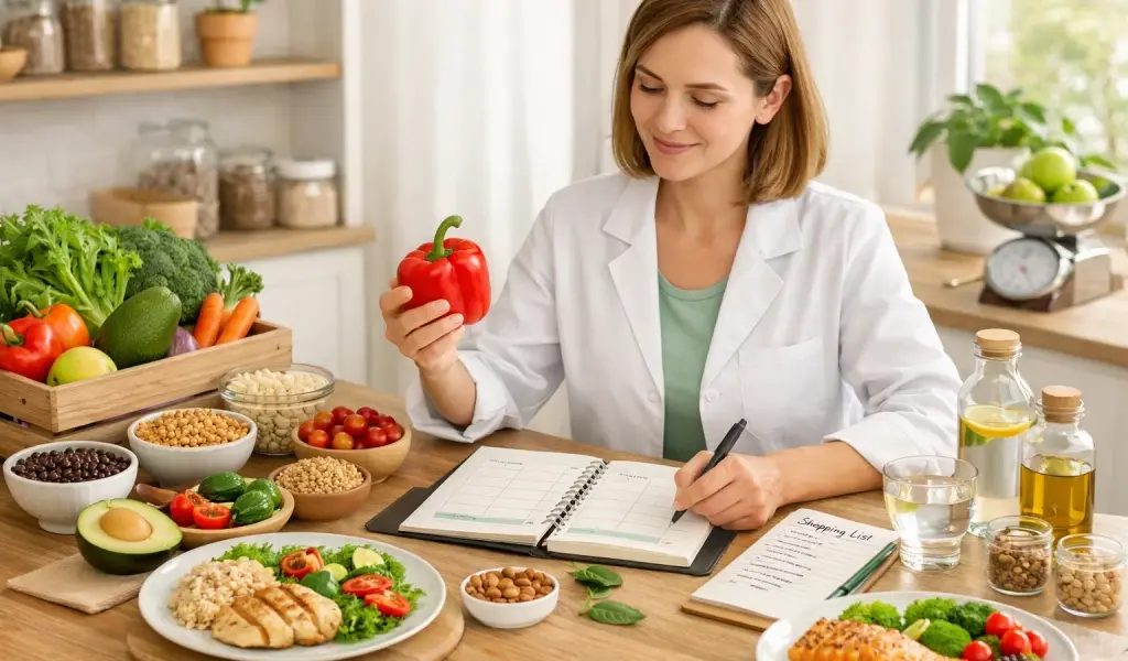 Dietista nutricionista planificando men&uacute;s saludables con alimentos frescos en consulta nutricional