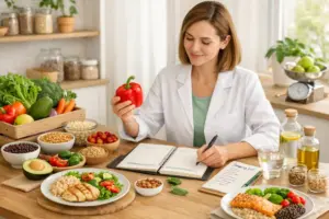 Dietista nutricionista planificando men&uacute;s saludables con alimentos frescos en consulta nutricional