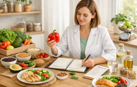 Dietista nutricionista planificando men&uacute;s saludables con alimentos frescos en consulta nutricional